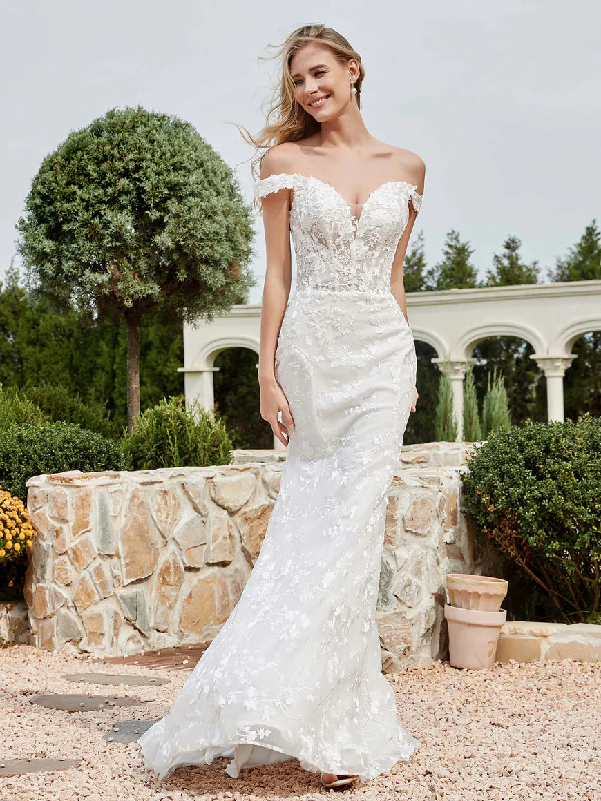 Off-The-Shoulder Lace Applique Sheath Wedding Dress White